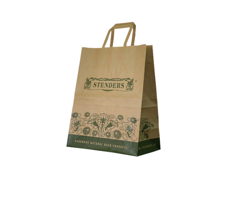 kaufen Druck-Brown-Kraftpapier-Mittagessen-Taschen, die mit flachem Papiergriff-Lieferanten verpacken online manufacture