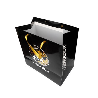 Gewohnheit schwarzes Papier-Euro-Tote Bags With Satin Ribbon-Seil-Goldfolien-Drucklogo